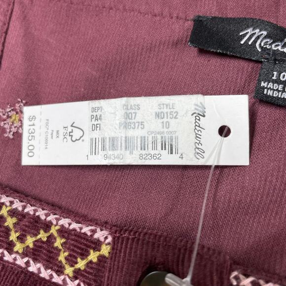 Madewell NWT Embroidered Corduroy Button-Front Mini Dress Size 10 Puff Sleeve - Picture 8 of 14